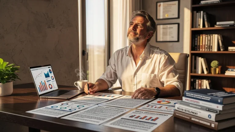 Homme de 49 ans concentré sur plans de compétences en bureau moderne, symbole de confiance retrouvée