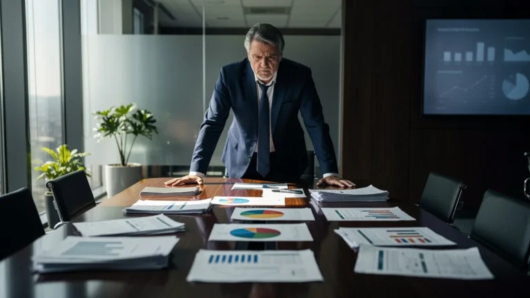 Homme d'affaires frustré face à des budgets formation gâchés faute d'un cadrage clair, ambiance corporate réaliste