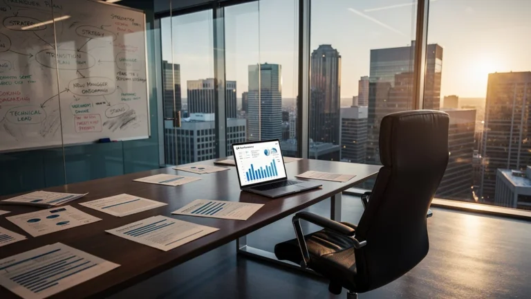 Bureau moderne vide symbolisant un an perdu après la promotion d’un bon technicien manager