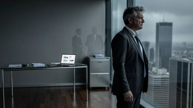 Portrait d’un rédacteur économique de 49 ans face à un bureau froid illustrant un plan social vécu de l’intérieur