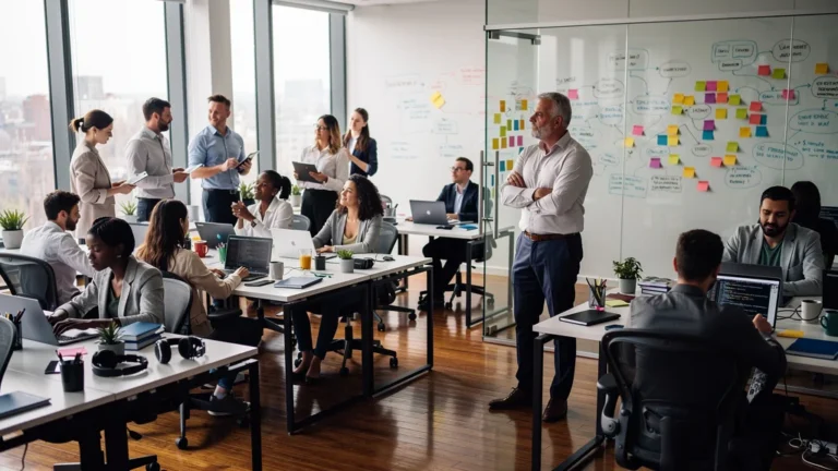 Intérieur réaliste d'une PME de 20 salariés illustrant une nouvelle vision du management par un rédacteur économique