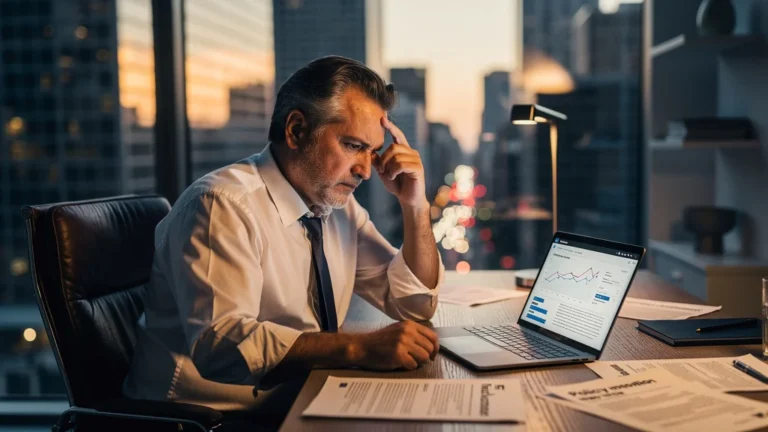 Homme de 49 ans pensif dans un bureau moderne, illustrant la difficulté d’appliquer une nouvelle règle annoncée