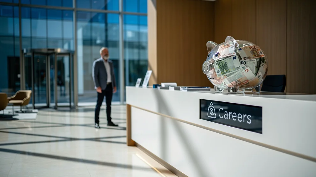 Image réaliste illustrant que la marque employeur ne remplace pas un salaire correct avec un bureau moderne et un cochon tirelire
