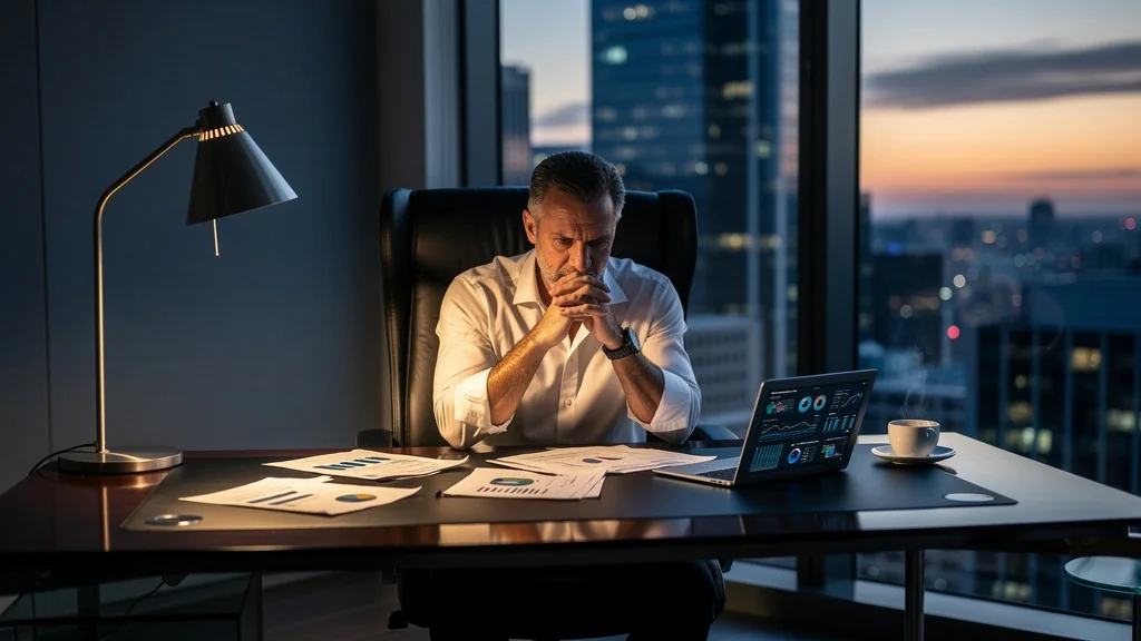Portrait hyper-réaliste d'un dirigeant de 49 ans en bureau contemplant la difficulté à déléguer, ambiance crépusculaire