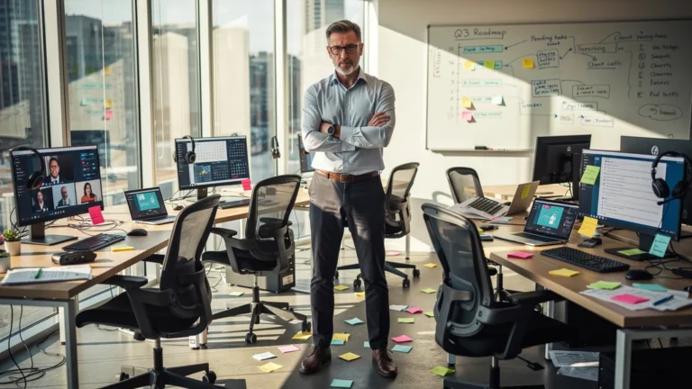 Bureau d’une PME en désordre illustrant le télétravail hybride qui perturbe l’organisation