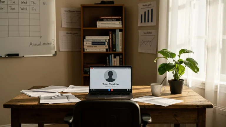 Bureau intime et lumineux symbolisant la fin des entretiens annuels dans les petites structures