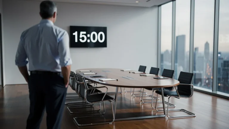 Bureau moderne avec horloge affichant quinze minutes symbolisant la réunion hebdomadaire efficace